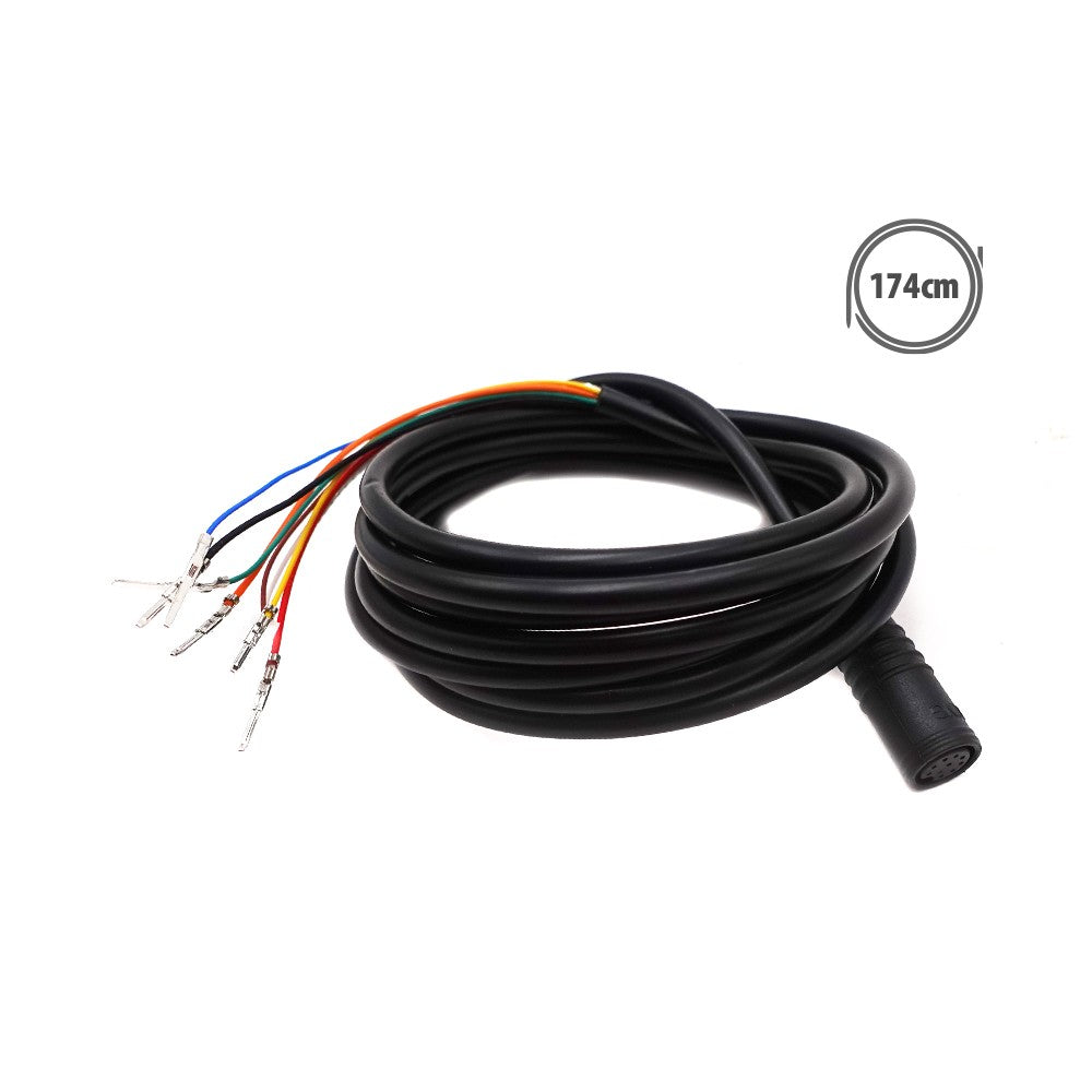 Câble data noir enroulé de 174 cm avec un connecteur rond et des fils de couleur à broches