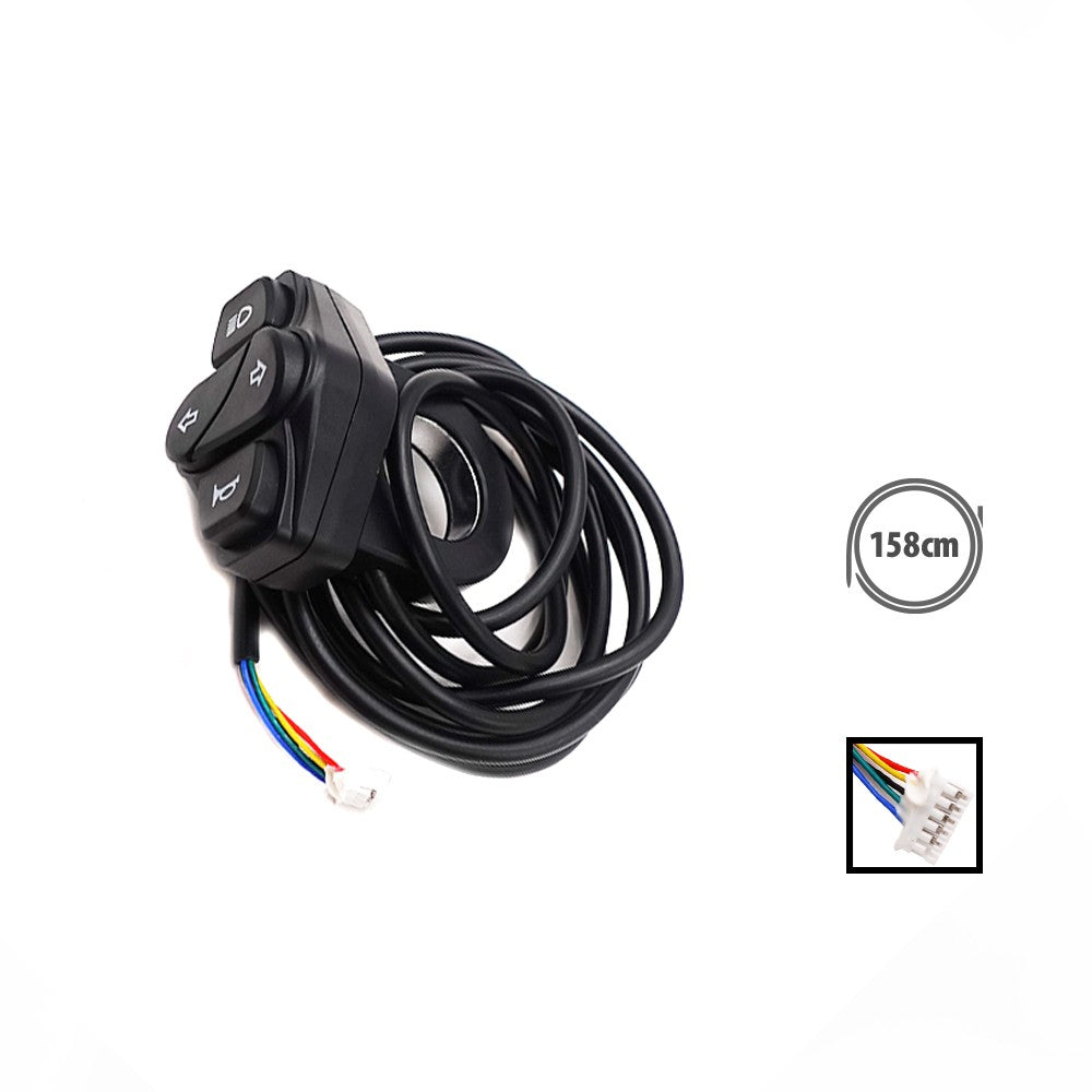 Commodo interrupteur noir avec boutons pour éclairage, clignotants et klaxon relié à un câble