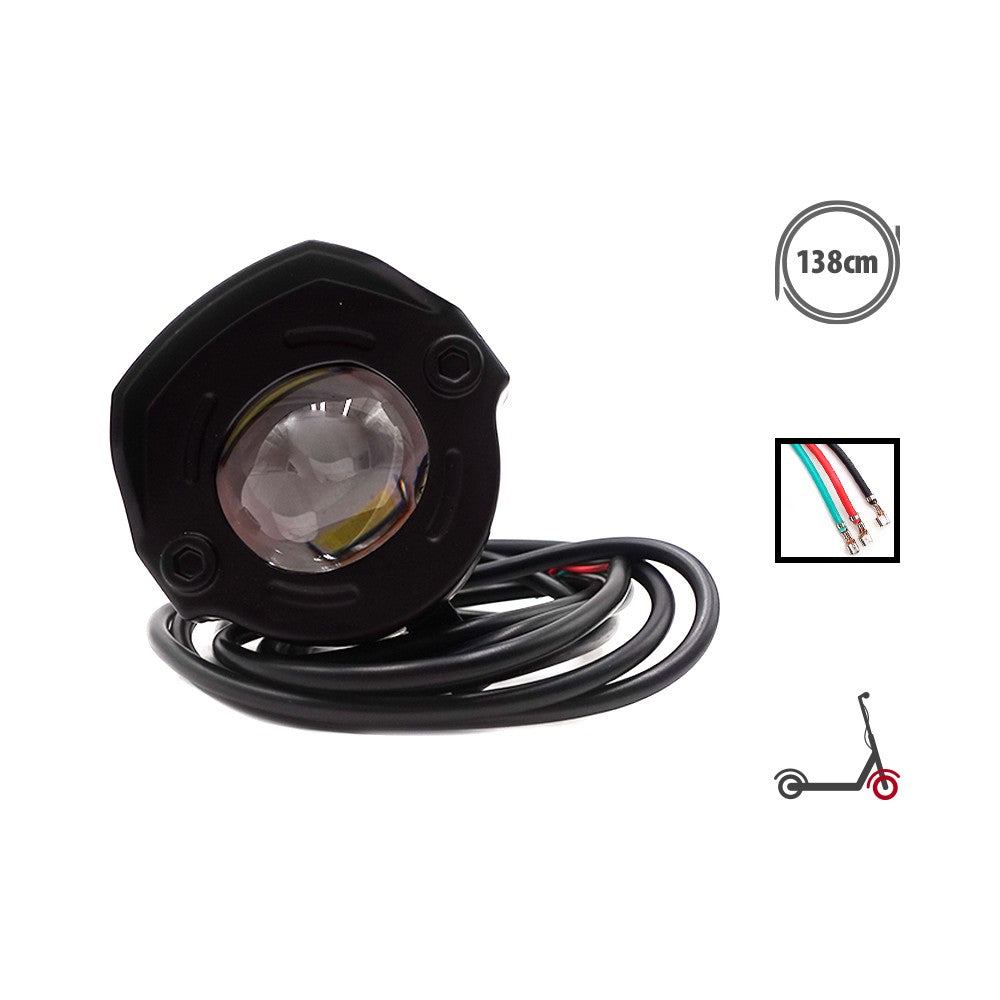 Phare LED avant noir avec son câble de raccordement de 138 cm sur fond blanc