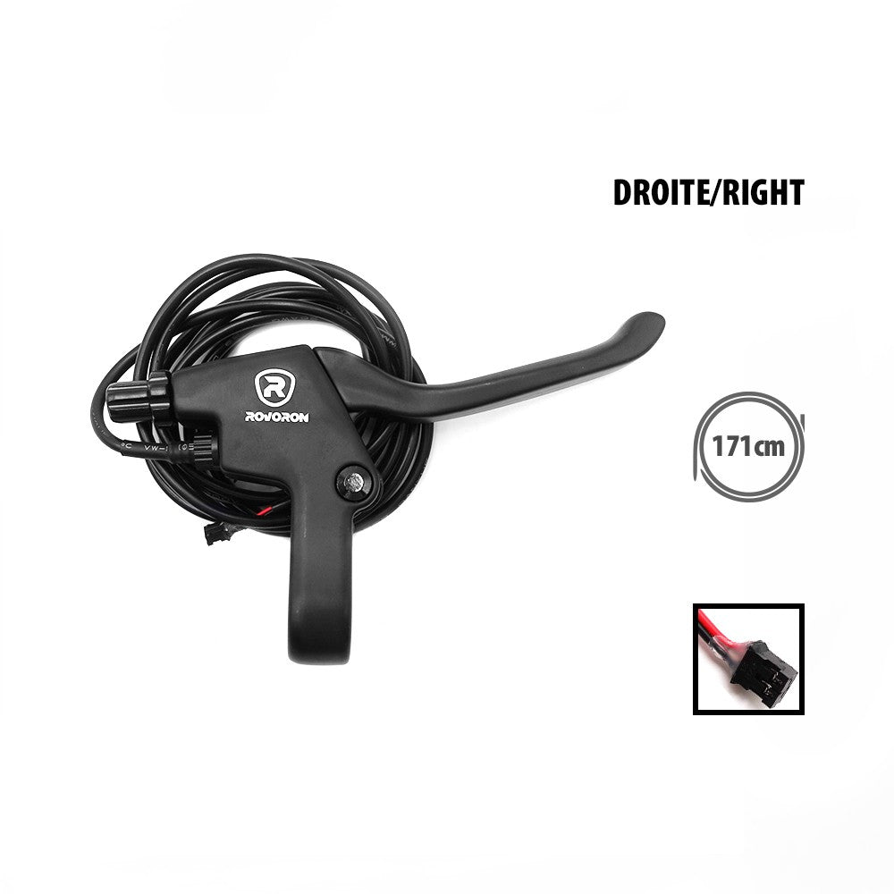 Poignée de frein droite noire Rovoron avec câble de connexion sur fond blanc