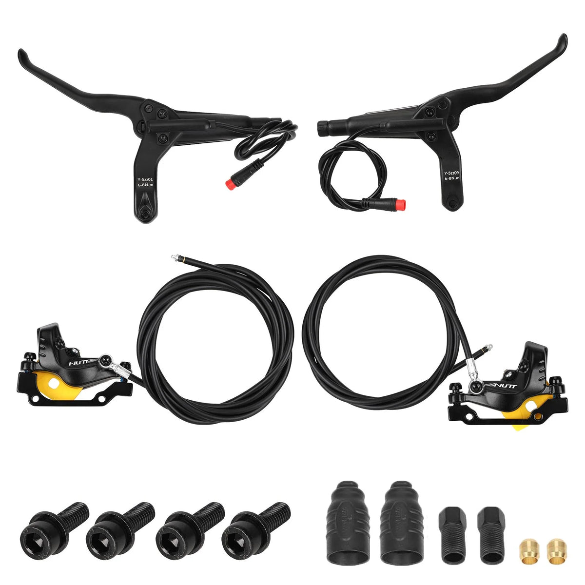 Kit complet de freinage hydraulique 4 pistons NUTT comprenant poignées, durites et étriers de frein