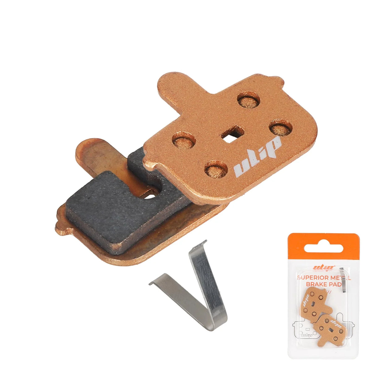 Plaquettes de frein rectangulaires couleur bronze en métal fritté avec leur ressort d'écartement