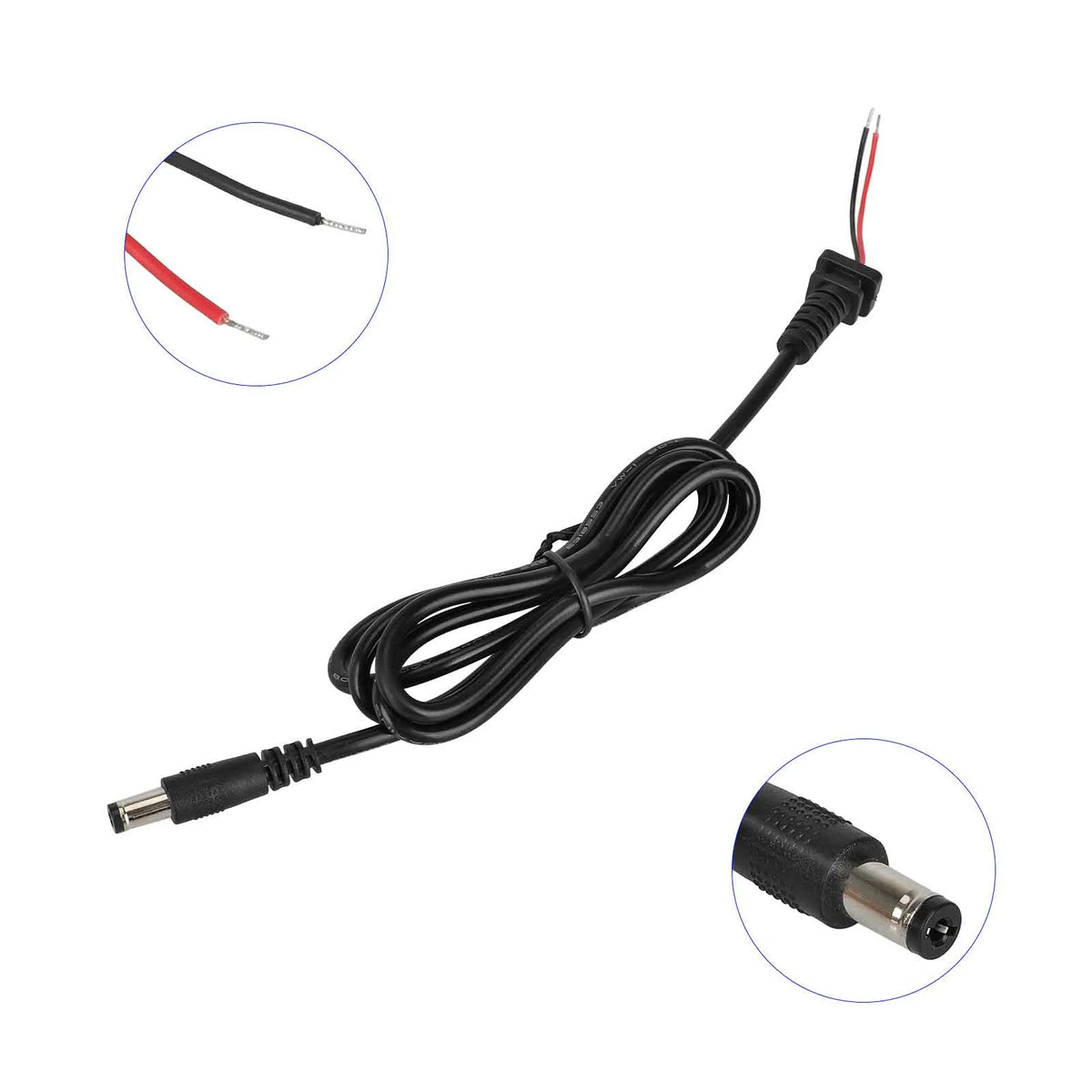 Câble d'alimentation noir avec prise DC 5,5x2,1 mm et fils dénudés rouge et noir