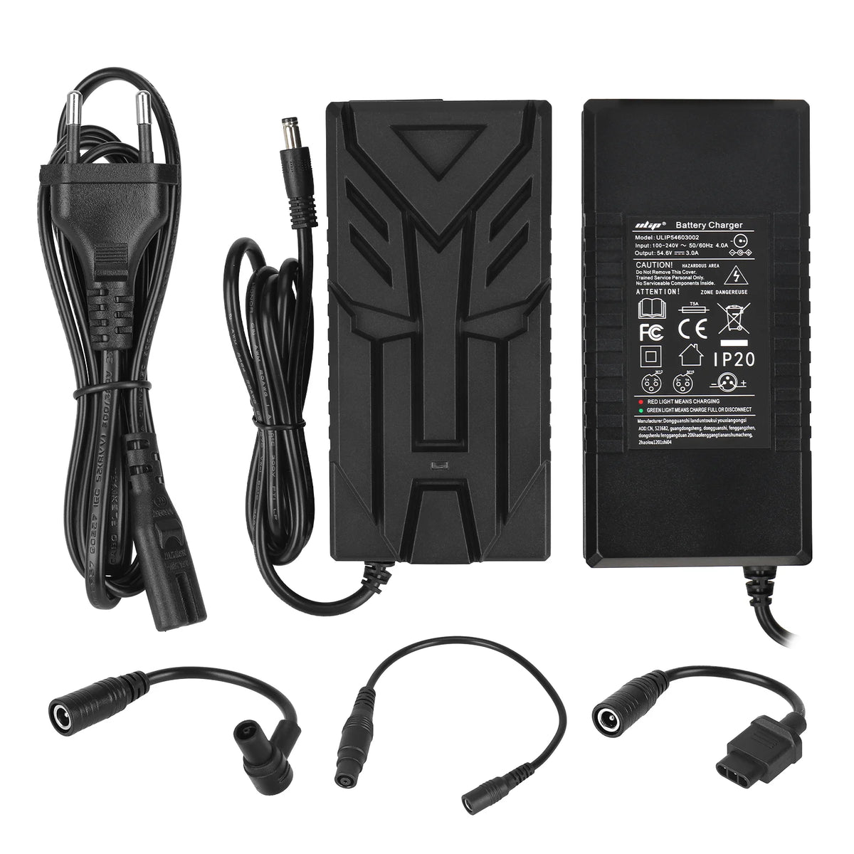 Chargeur 58,8V 3A noir avec ses câble d'alimentation et câbles adaptateurs