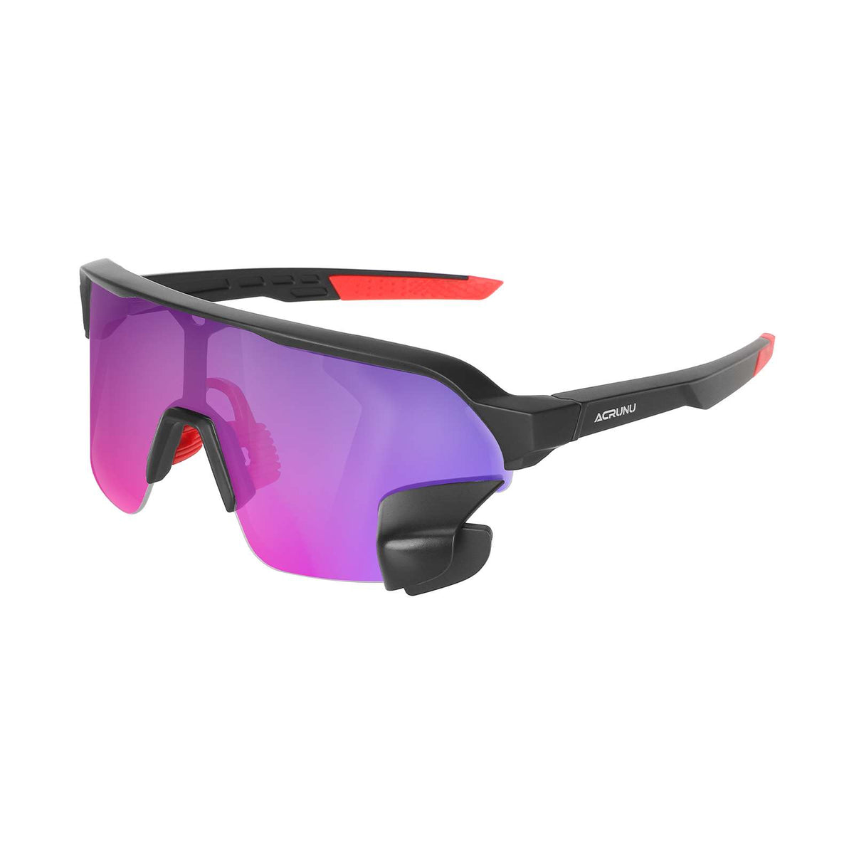 Lunettes de cyclisme photochromiques rouges et noires avec verre teinté vu de trois-quarts
