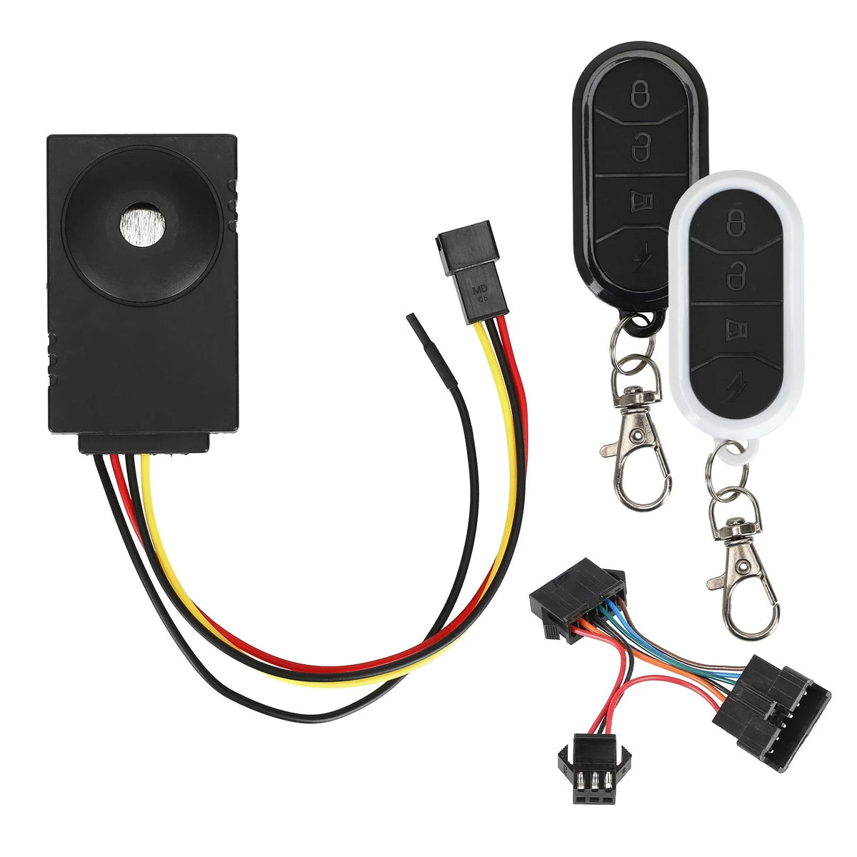 Kit d'alarme sans fil avec deux télécommandes noire et blanche et câbles de connexion
