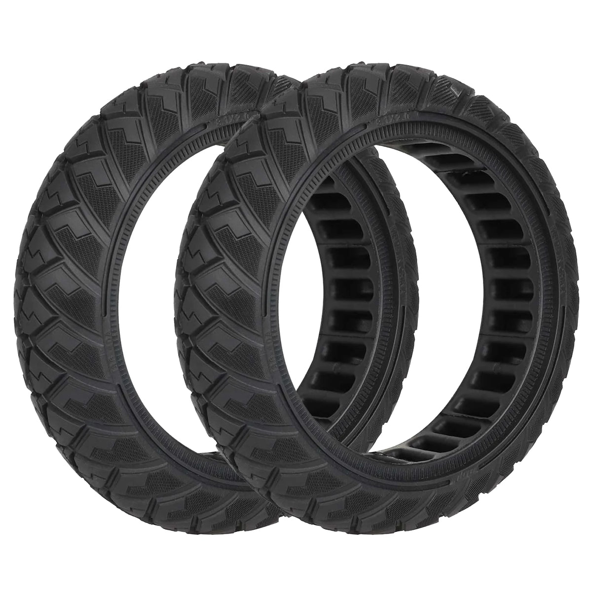 Deux pneus pleins tout-terrain noirs 8,1 pouces pour trottinette électrique vus de trois-quarts