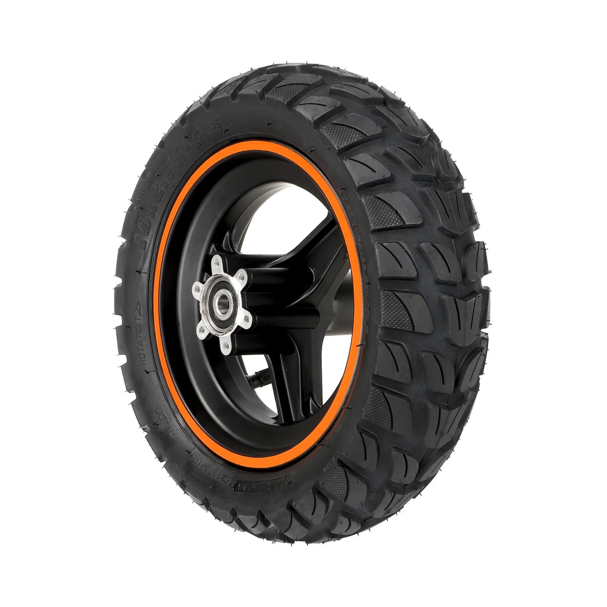 Roue avant complète de trottinette électrique avec pneu cranté 10x2.75-6.5 et liseré orange sur jante noire