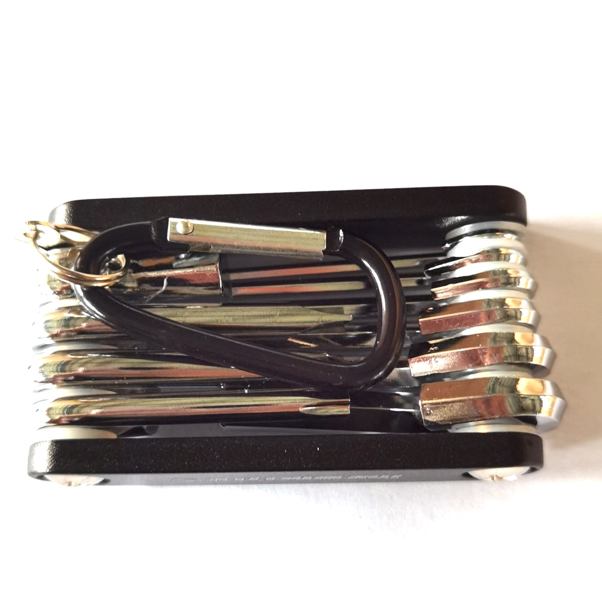 Outil multifonction pliable noir pour trottinette électrique équipé de clés Allen et d'un mousqueton