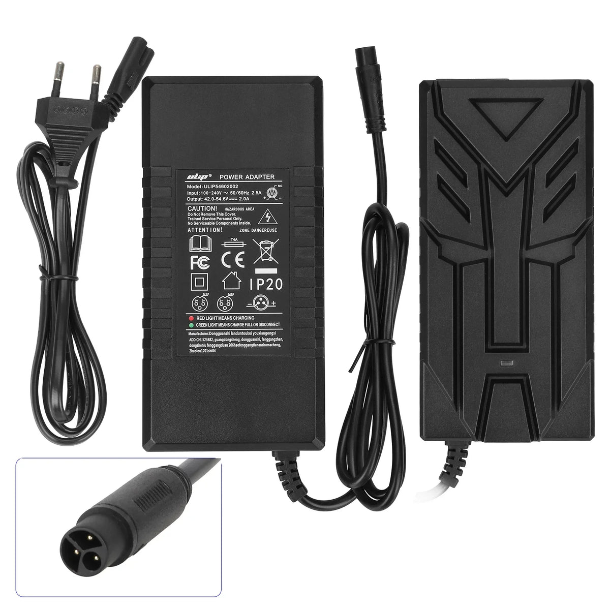 Chargeur 54,6V 2A noir avec câble secteur européen et connecteur 3 broches