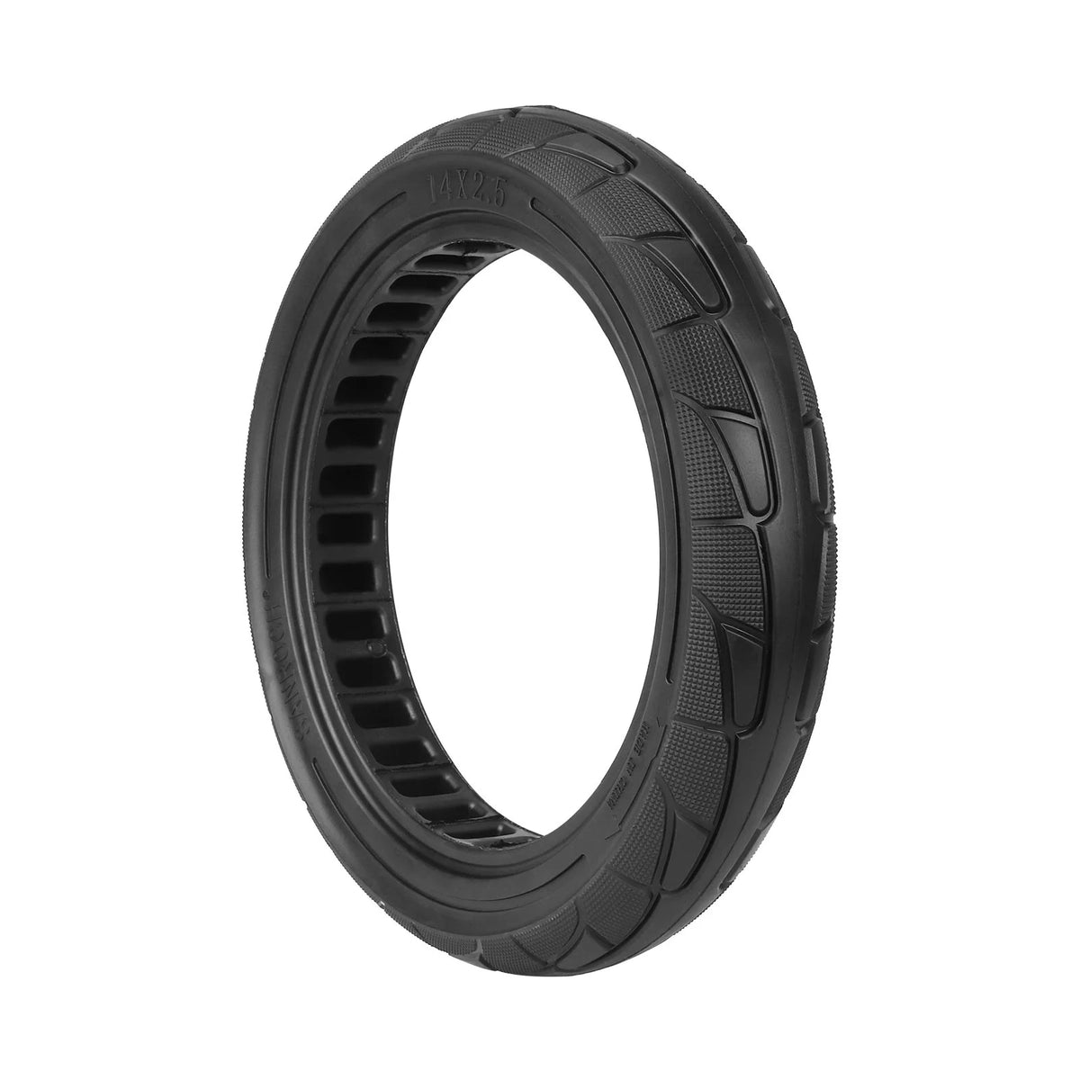 Pneu plein alvéolé 14 pouces noir vu de trois-quarts