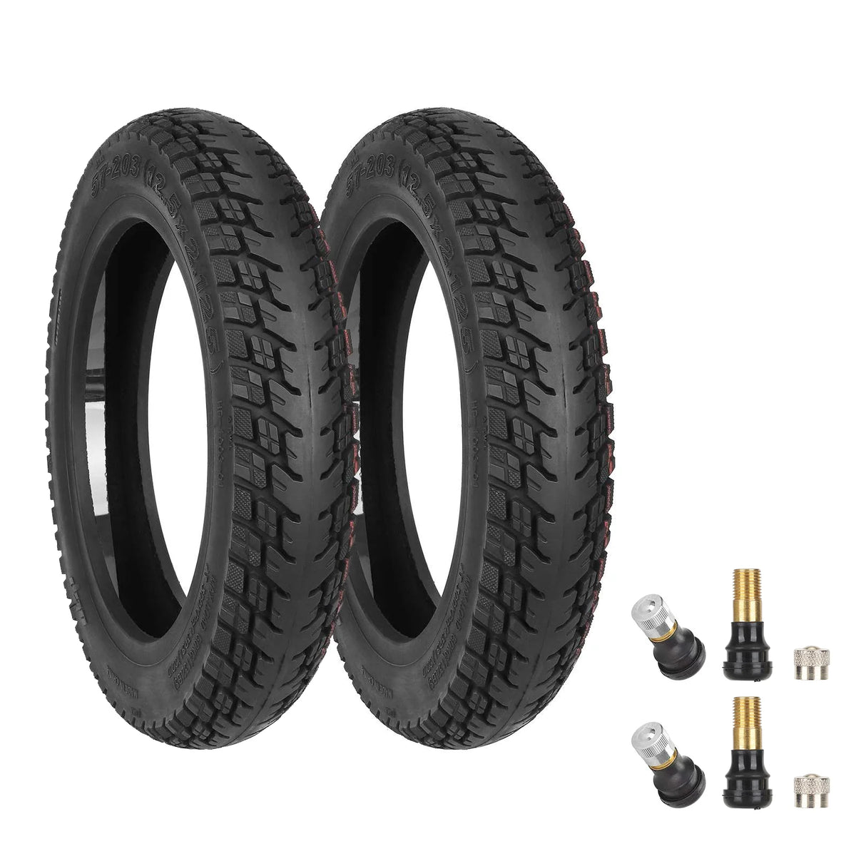 Deux pneus tubeless tout-terrain 12 pouces noirs avec leurs valves