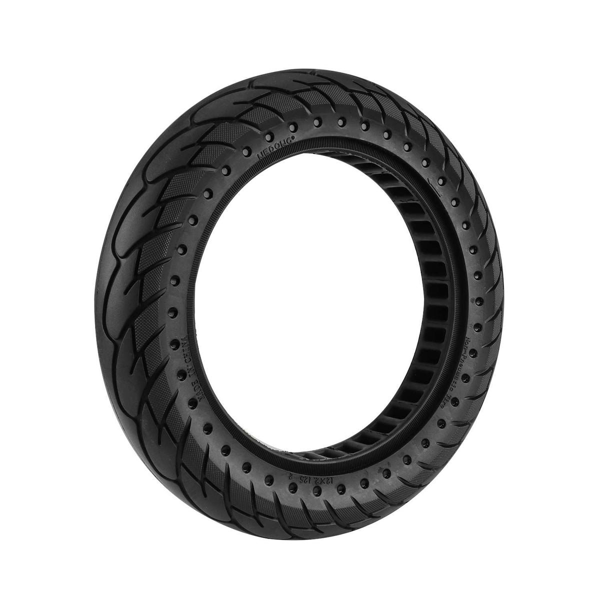 Pneu plein noir 12 pouces pour trottinette électrique vu de trois-quarts