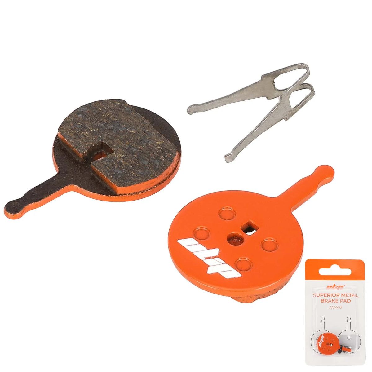 Plaquettes de frein semi-métalliques orange avec leur ressort d'écartement