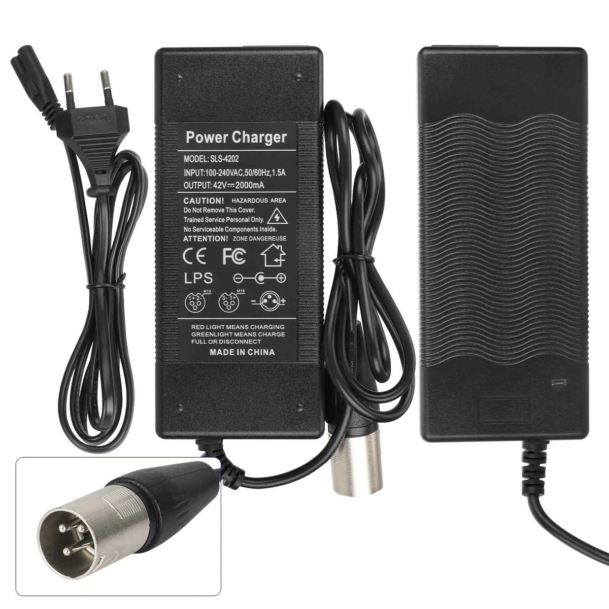 Chargeur de trottinette électrique 42V 2A avec câble secteur UE et connecteur rond XLR 3 broches