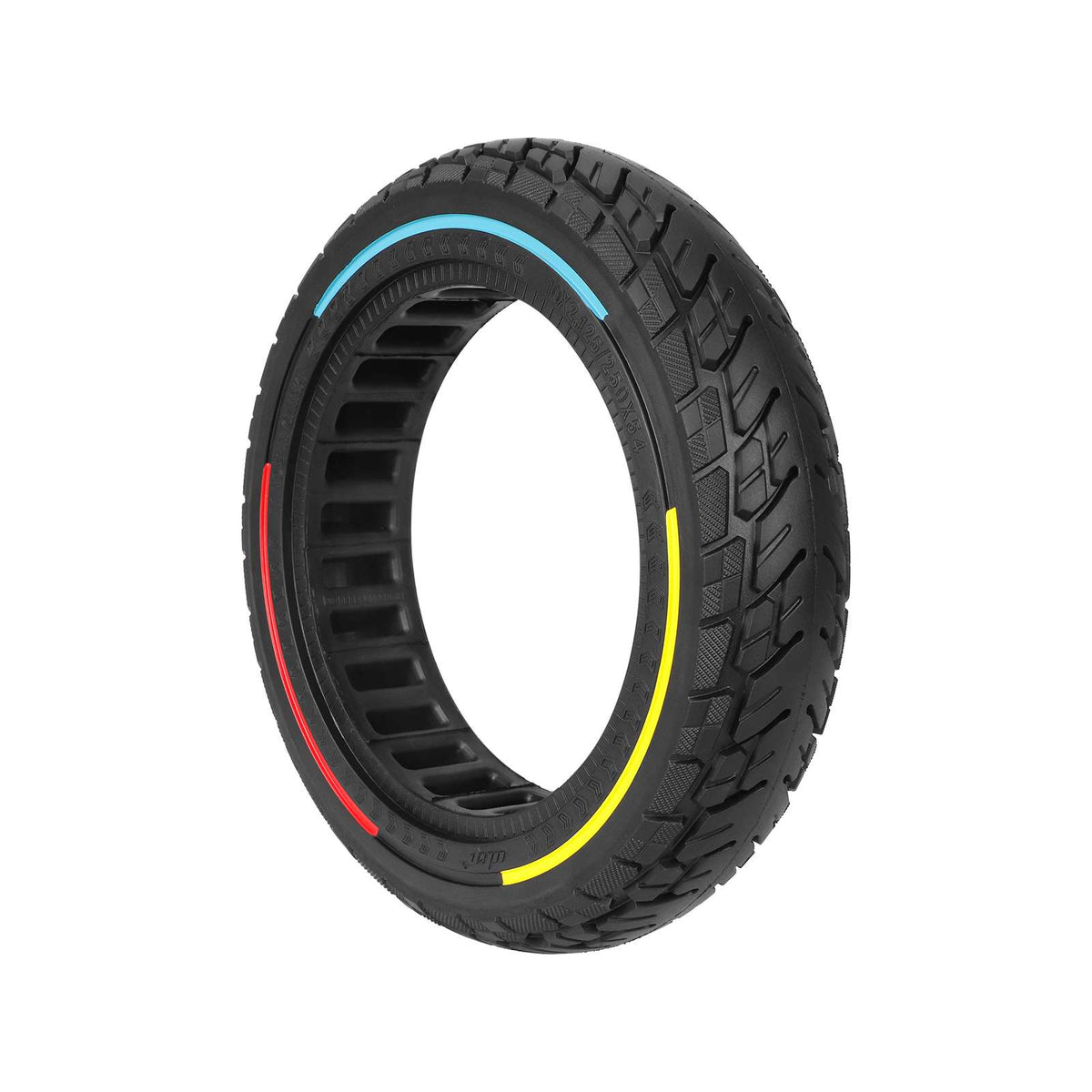 Pneu plein 10 pouces noir perforé avec des liserés tricolores bleu, rouge et jaune vu de trois-quarts