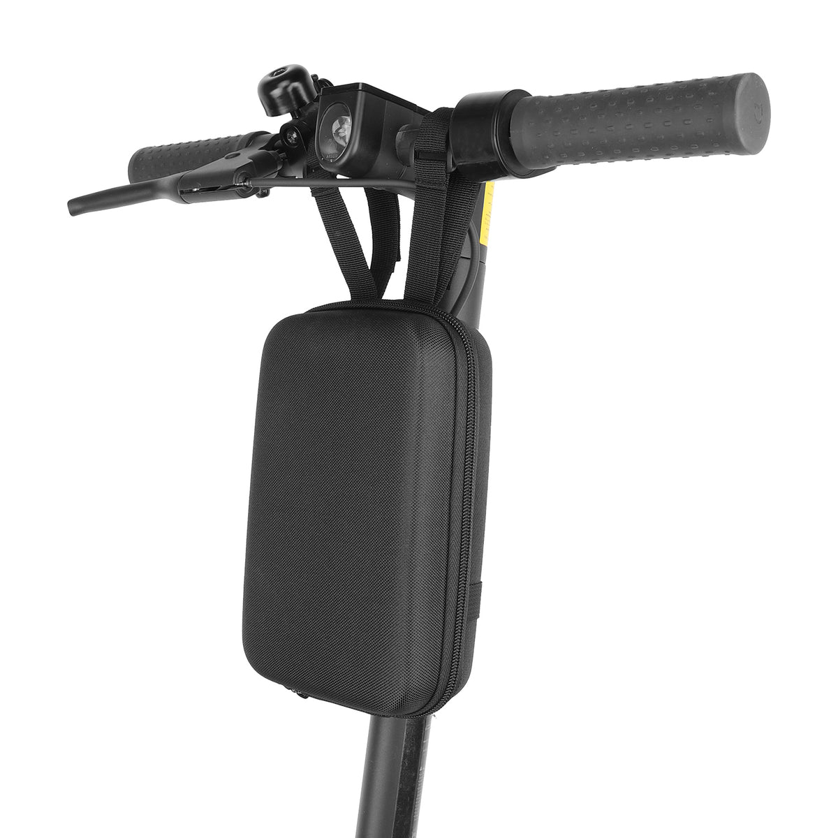 Sacoche avant rigide noire de 2 litres accrochée au guidon d'une trottinette électrique