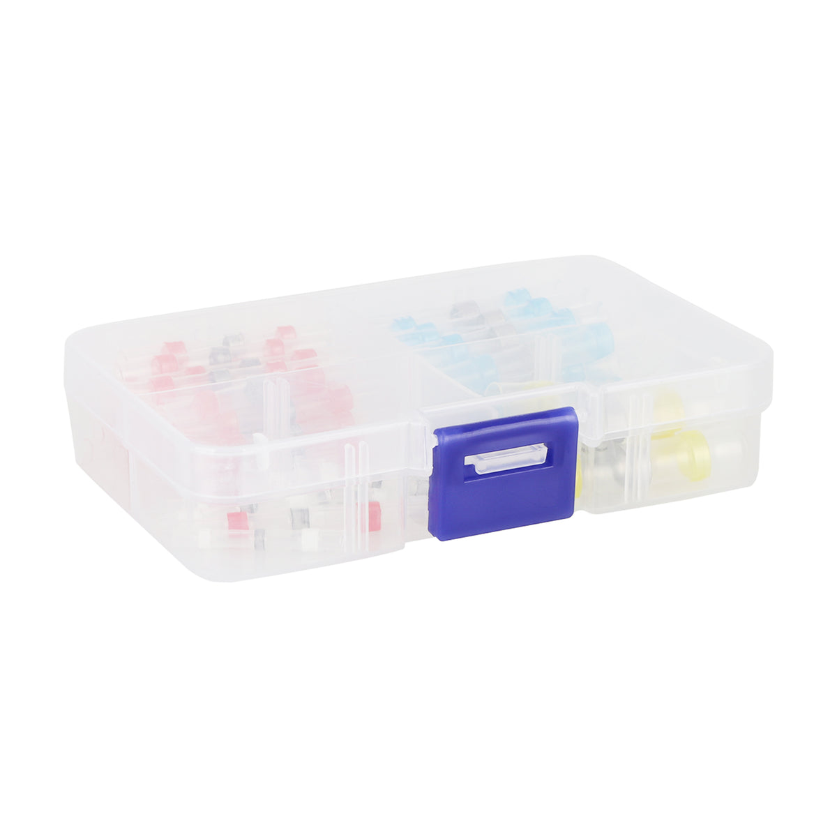 Boîte transparente contenant 100 gaines thermorétractables de différentes couleurs avec loquet bleu