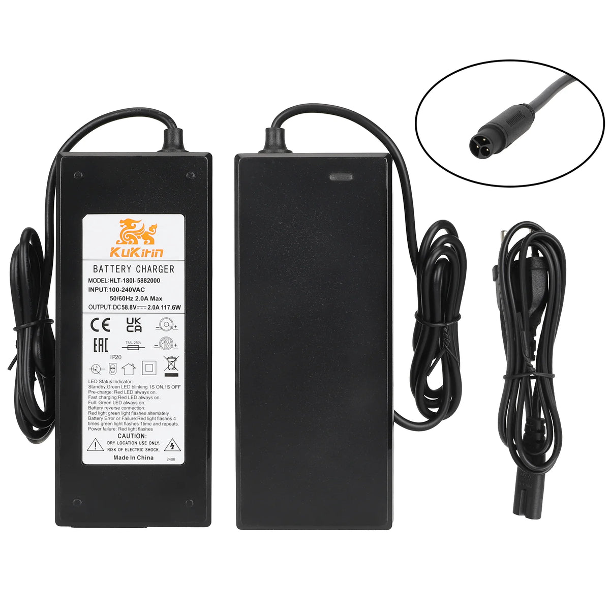 Chargeur d'origine 58,8V 2A noir avec connecteur 3 trous et câble d'alimentation secteur