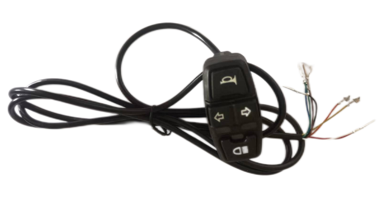 Commodo multifonction noir avec câble et commandes pour klaxon, clignotants et éclairage
