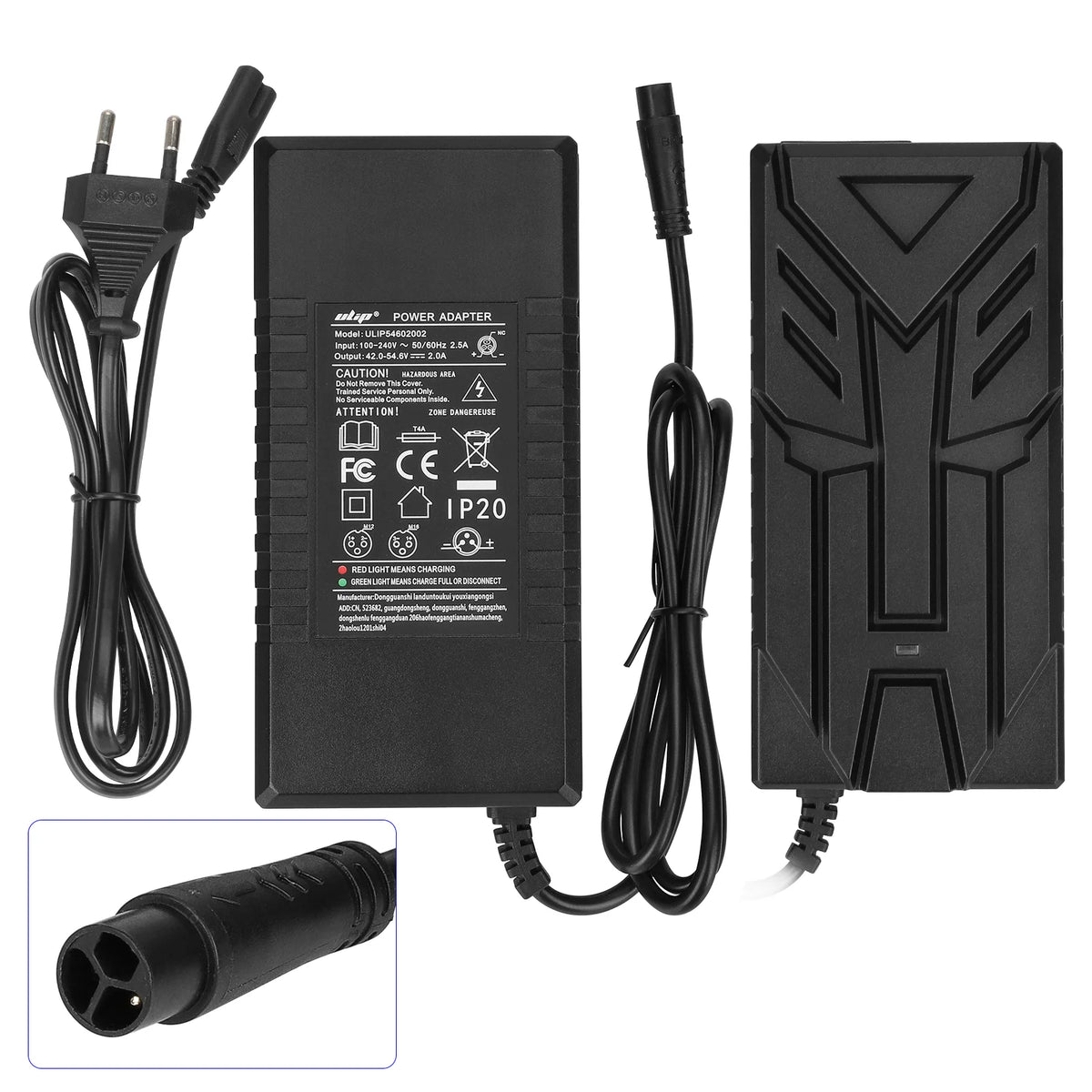 Chargeur pour trottinette électrique 54,6V 2A avec câble secteur et embout LP16 3 broches