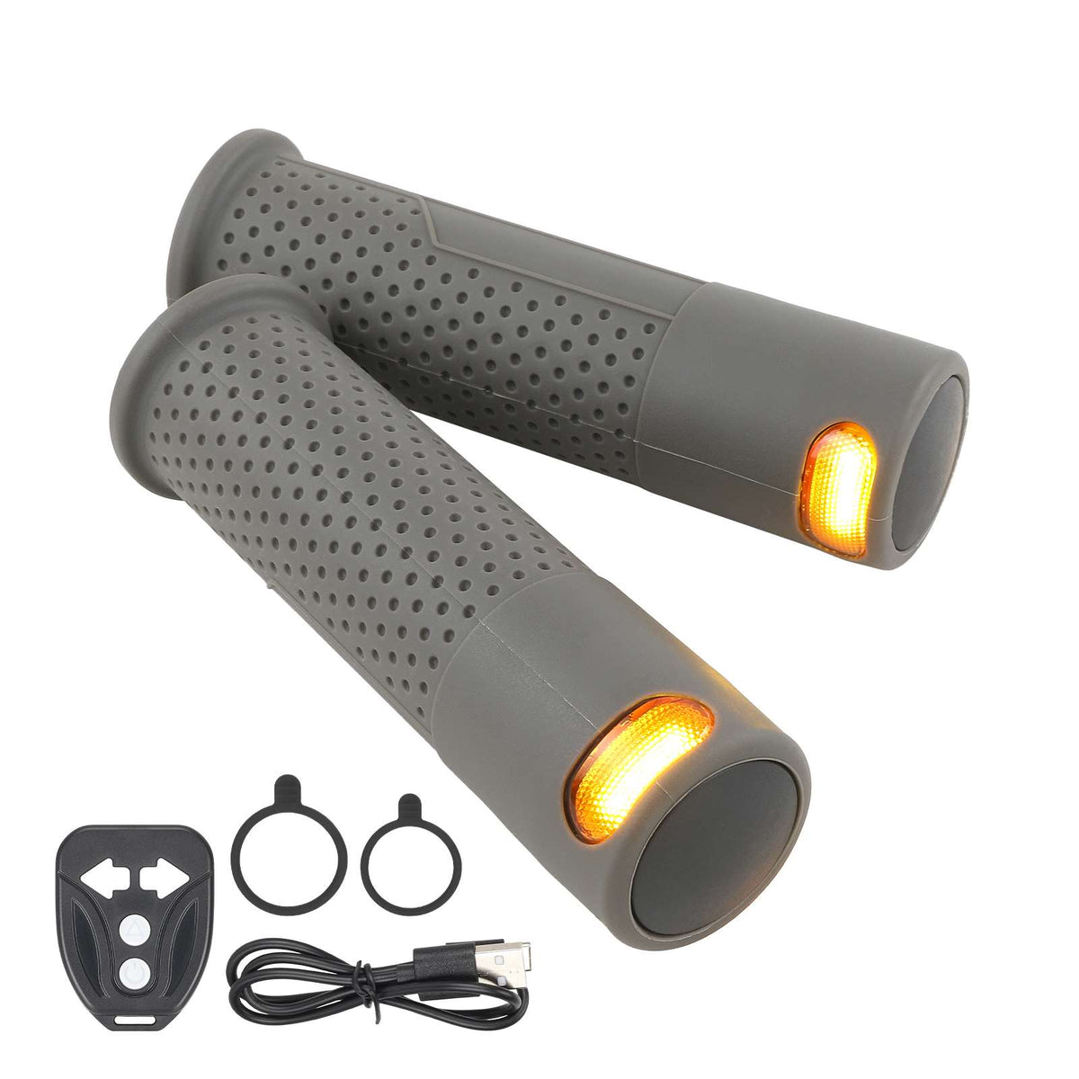 Paire de poignées grises pour trottinette électrique avec clignotants intégrés, télécommande sans fil et câble USB