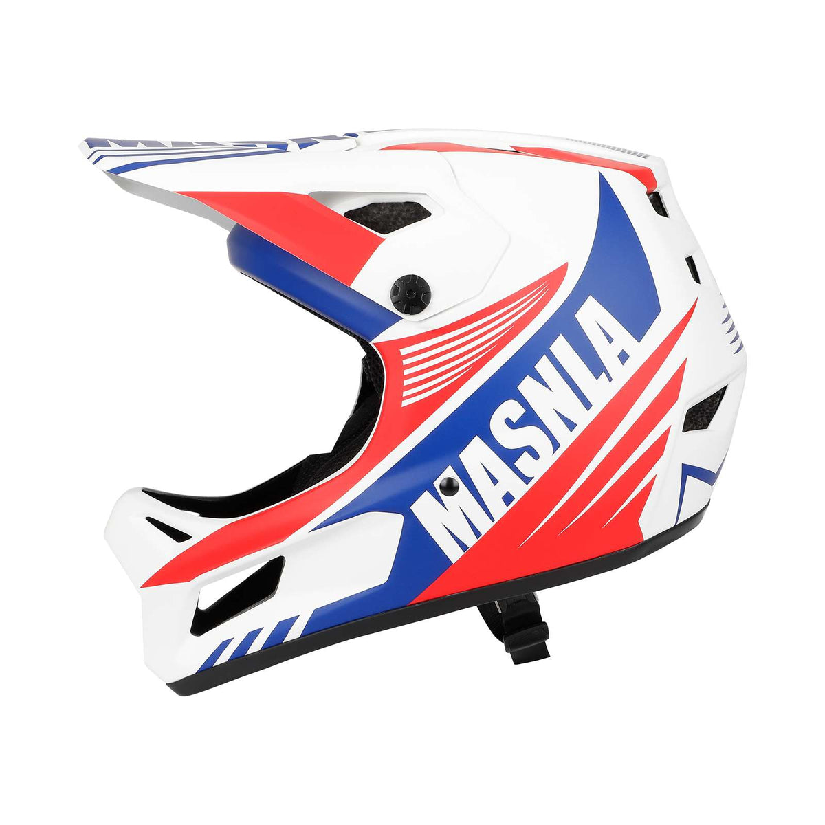 Casque cross tout-terrain blanc, bleu et rouge vu de profil