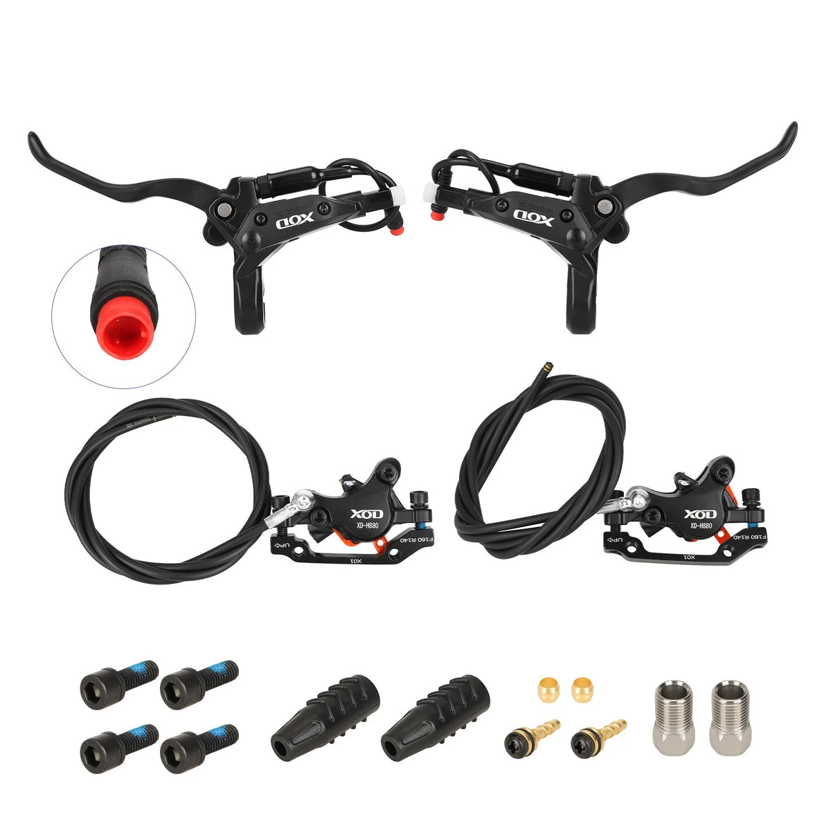 Kit complet de freins hydrauliques XOD avant et arrière avec leviers, durites et étriers