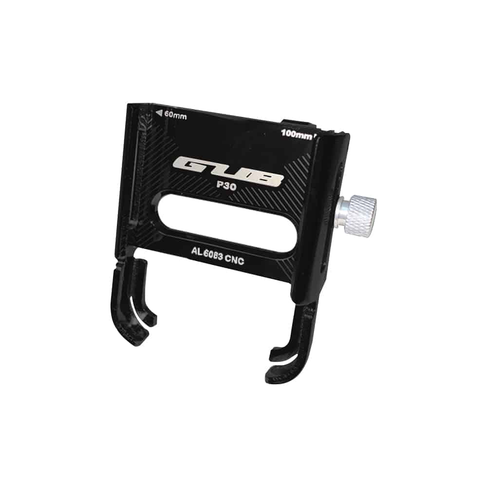 Support de téléphone noir en aluminium réglable vu de trois-quarts