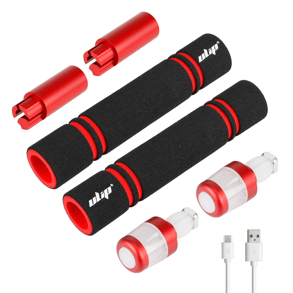 Paire de poignées de guidon noires et rouges avec clignotants LED rechargeables USB et embouts d'extension