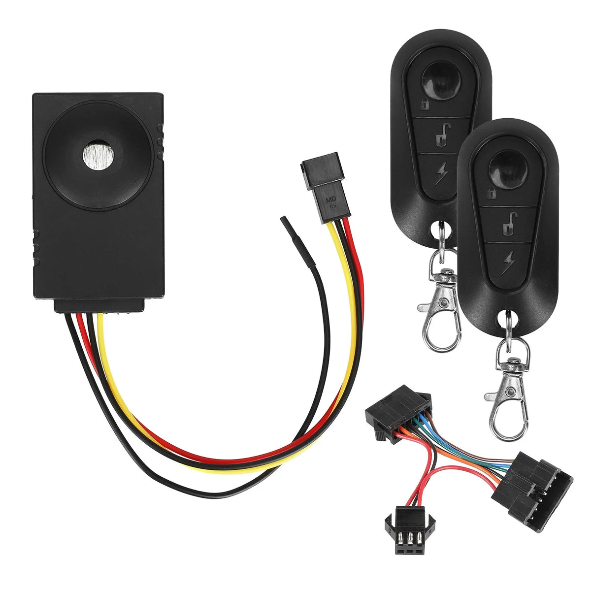 Kit d'alarme antivol sans fil avec boîtier, câbles de connexion et deux télécommandes noires