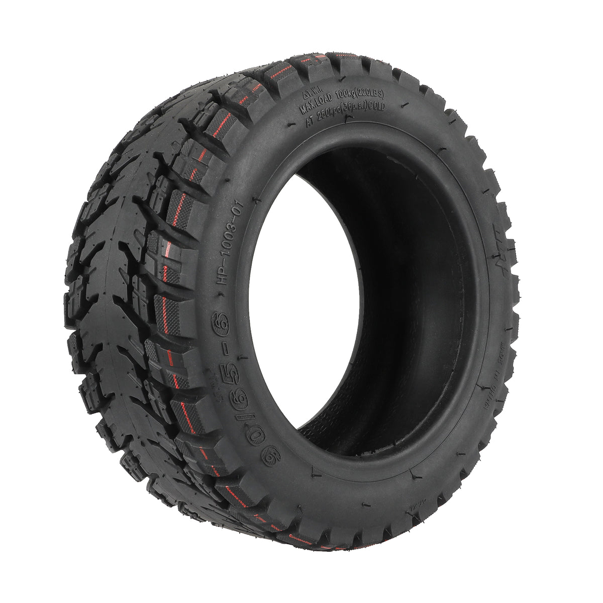 Pneu tubeless tout-terrain 11 pouces noir avec crampons vu en perspective