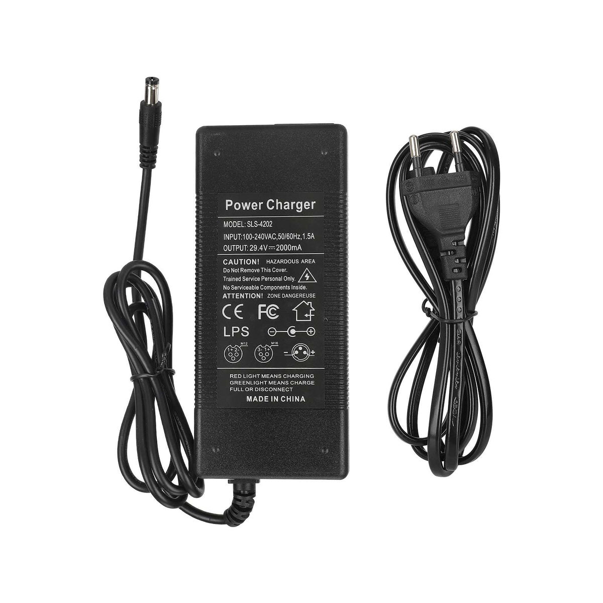Chargeur 29,4V 2A noir avec câble secteur EU et embout DC 5,5x2,1 mm