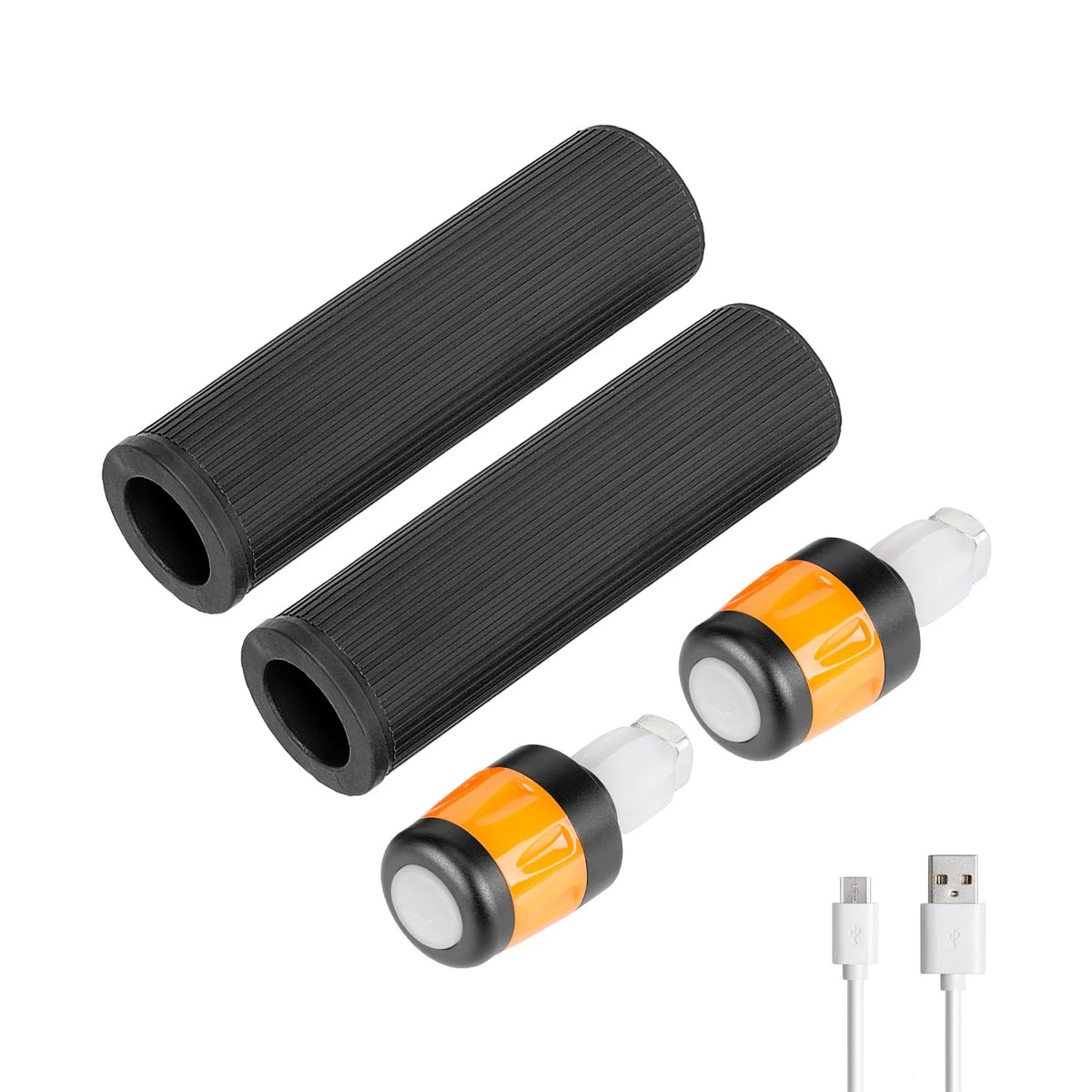Paire de poignées de guidon noires avec embouts clignotants lumineux orange et câble USB