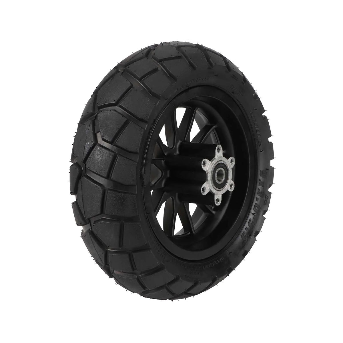 Roue complète avec pneu tubeless 9x3,0-5,5 monté sur jante noire vue en trois quarts