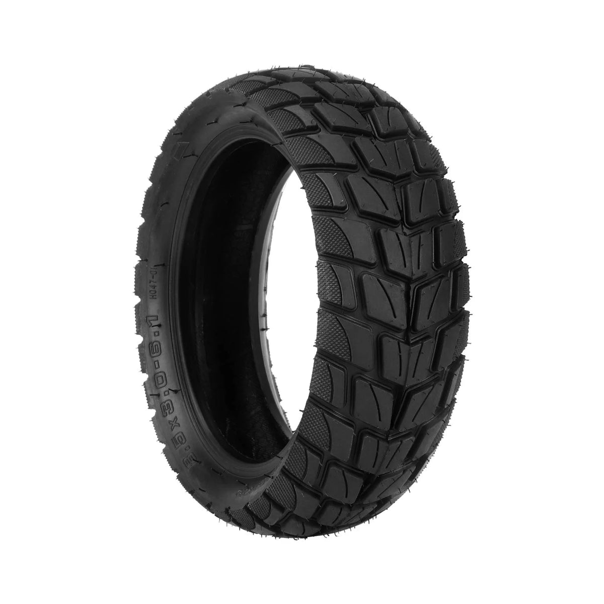 Pneu tout-terrain noir de 8,5 pouces vu de trois quarts
