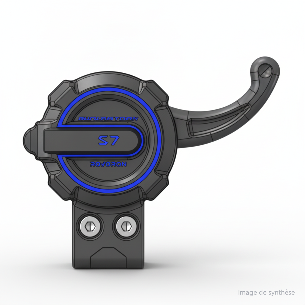 Accélérateur S7 noir et bleu avec le logo Minimotors Rovoron vu de face