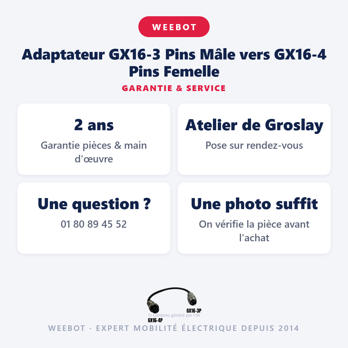 Adaptateur GX16-3 Pins Mâle vers GX16-4 Pins Femelle : garantie 2 ans et service après-vente