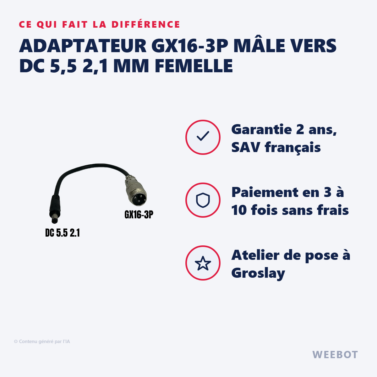 Adaptateur GX16-3P Mâle vers DC 5,5 2,1 mm Femelle : les points forts