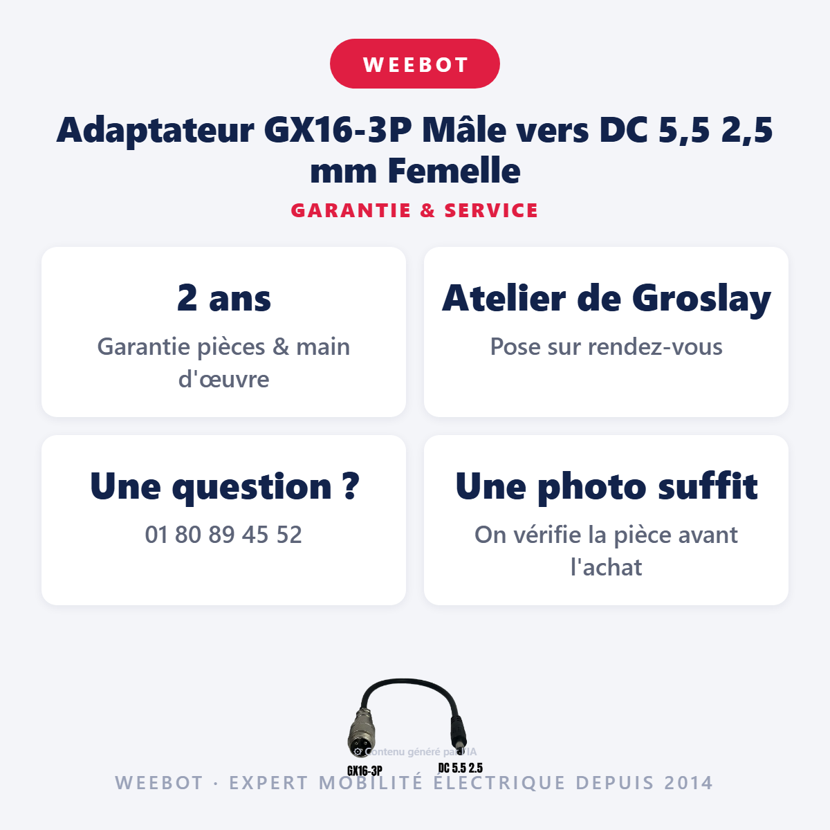 Adaptateur GX16-3P Mâle vers DC 5,5 2,5 mm Femelle : garantie 2 ans et service après-vente
