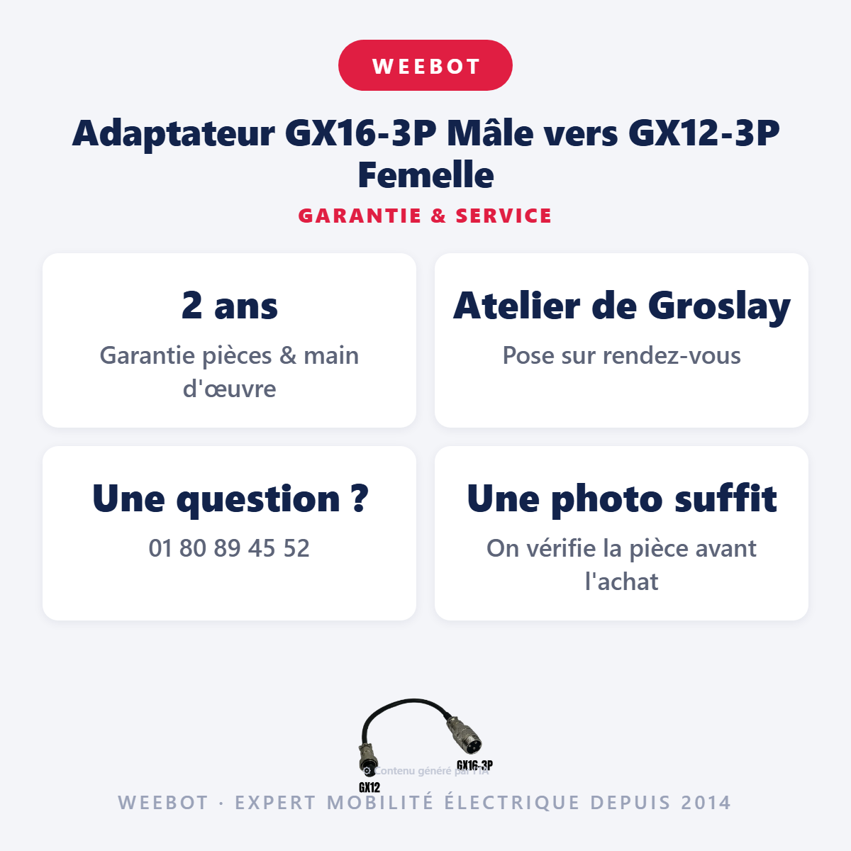 Adaptateur GX16-3P Mâle vers GX12-3P Femelle : garantie 2 ans et service après-vente