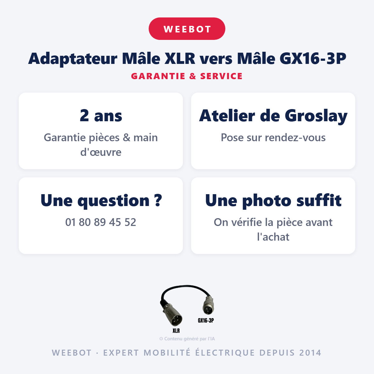 Adaptateur Mâle XLR vers Mâle GX16-3P : garantie 2 ans et service après-vente