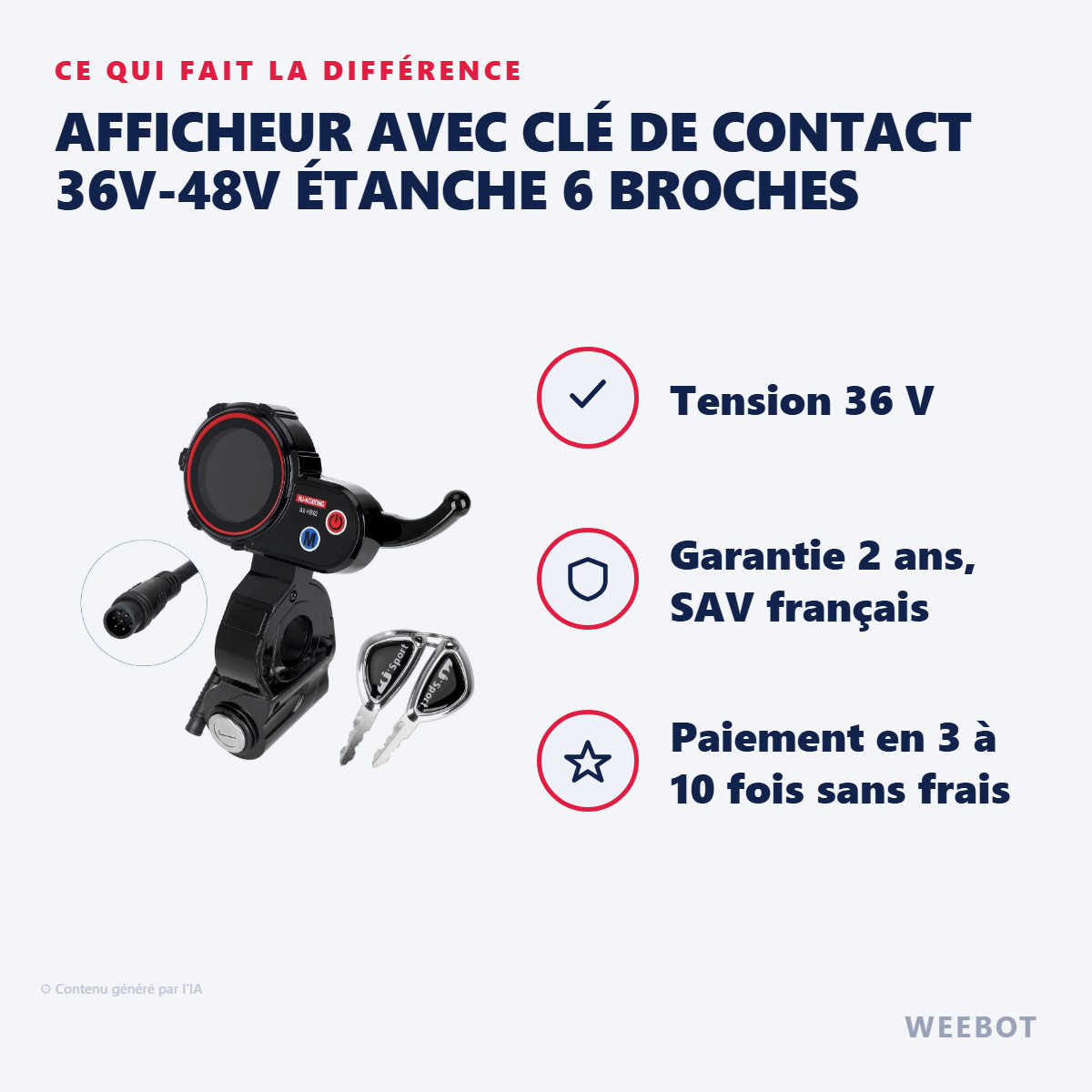 Afficheur avec Clé de Contact 36V-48V Étanche 6 Broches : les points forts