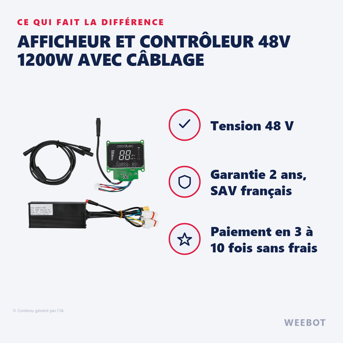 Afficheur et Contrôleur 48V 1200W avec Câblage : les points forts