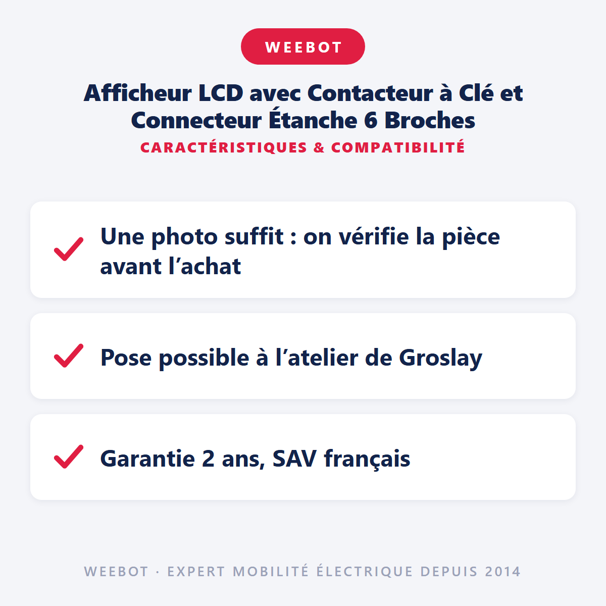 Afficheur LCD avec Contacteur à Clé et Connecteur Étanche 6 Broches : caractéristiques et compatibilité