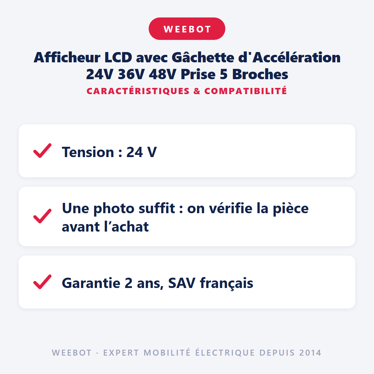 Afficheur LCD avec Gâchette d'Accélération 24V 36V 48V Prise 5 Broches : caractéristiques et compatibilité