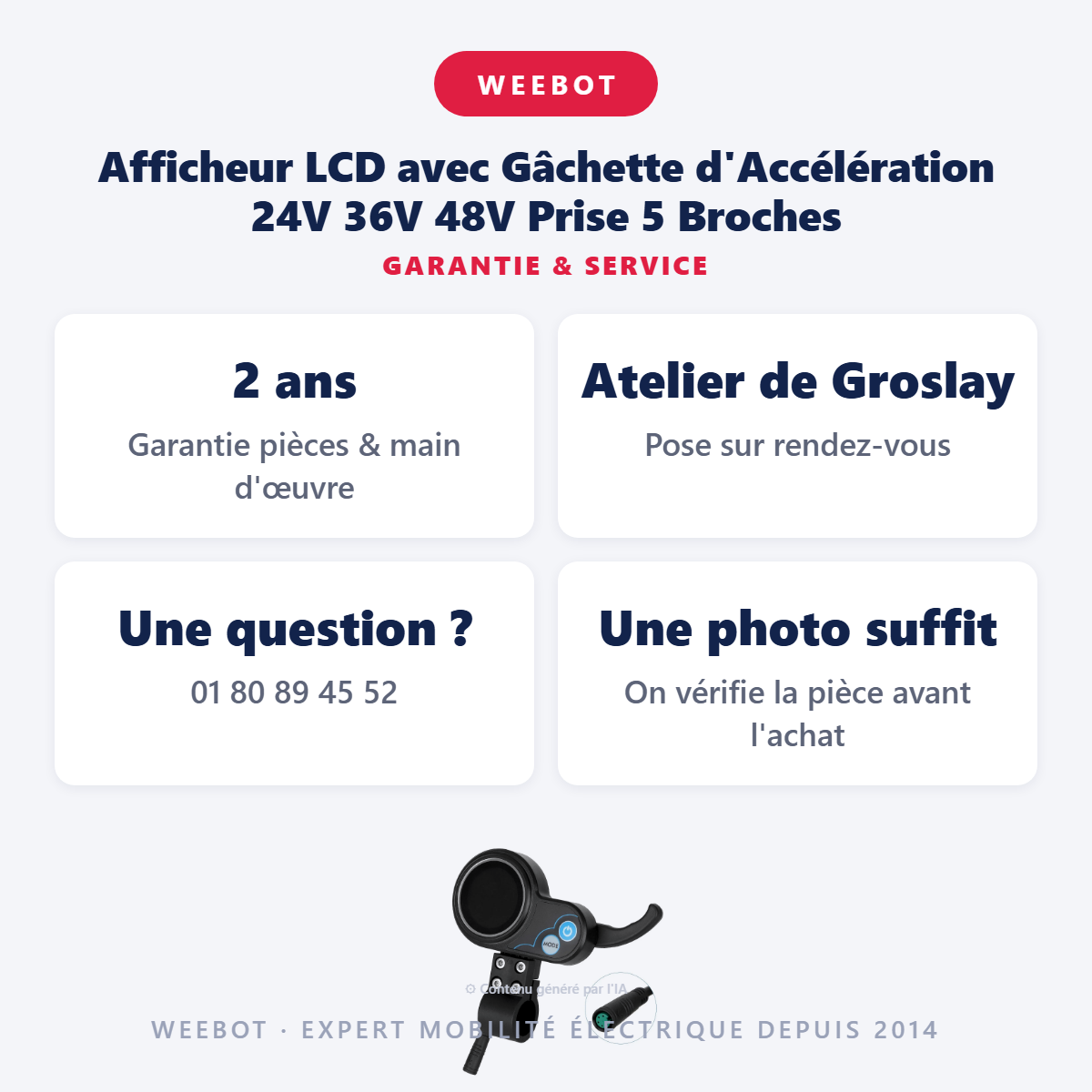 Afficheur LCD avec Gâchette d'Accélération 24V 36V 48V Prise 5 Broches : garantie 2 ans et service après-vente