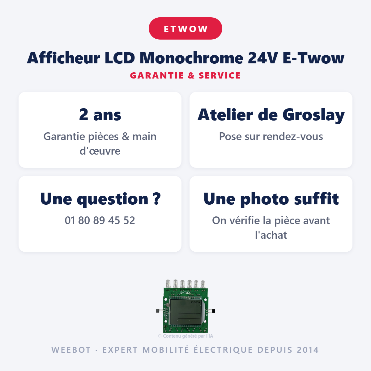 Afficheur LCD Monochrome 24V E-Twow : garantie 2 ans et service après-vente