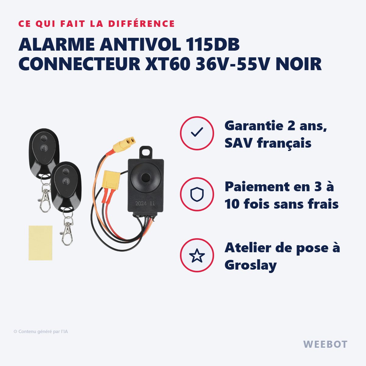Alarme Antivol 115dB Connecteur XT60 36V-55V Noir : les points forts
