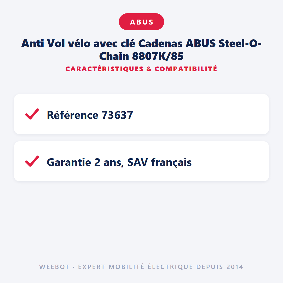 Anti Vol vélo avec clé Cadenas ABUS Steel-O-Chain 8807K/85 : caractéristiques et compatibilité